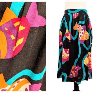Vintage Doncaster Sport Womens Size S/M? Black Colorful Tropical Fish Midi Skirt